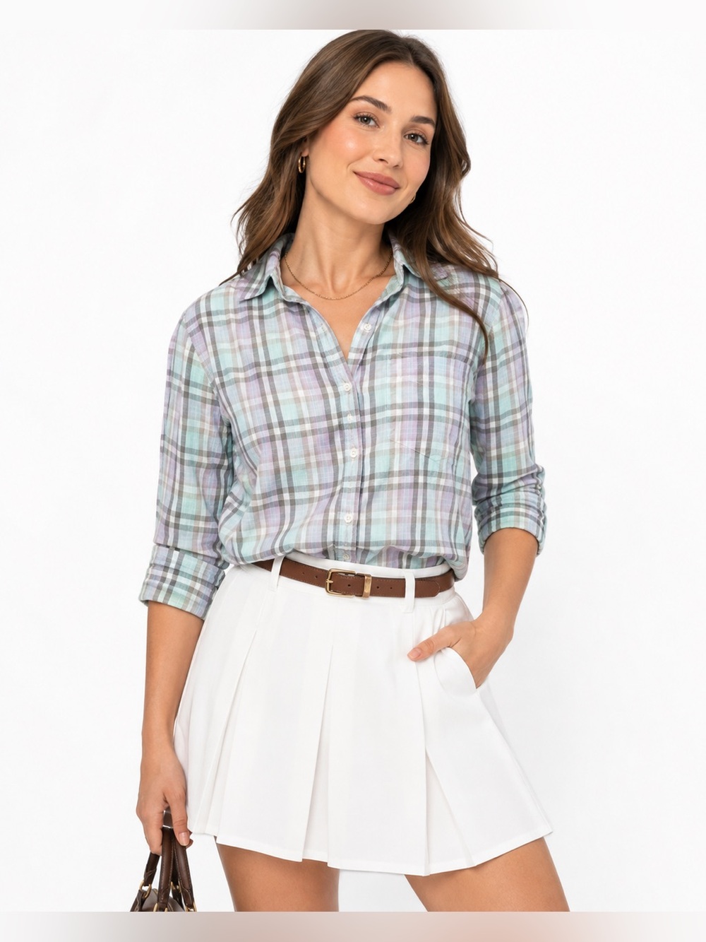 SO Womens Button Down Blouse in Pastel Plaid Sz L